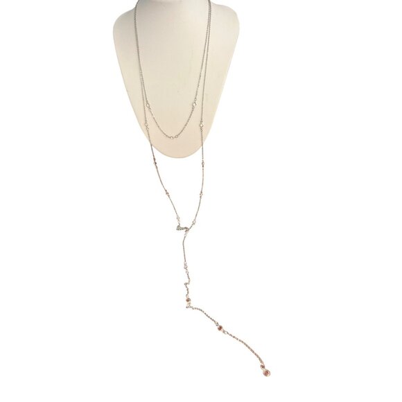 Lane Bryant Silver Tone Y Necklace Rhinestone Stations Long Layered Dainty Adj - Picture 1 of 5